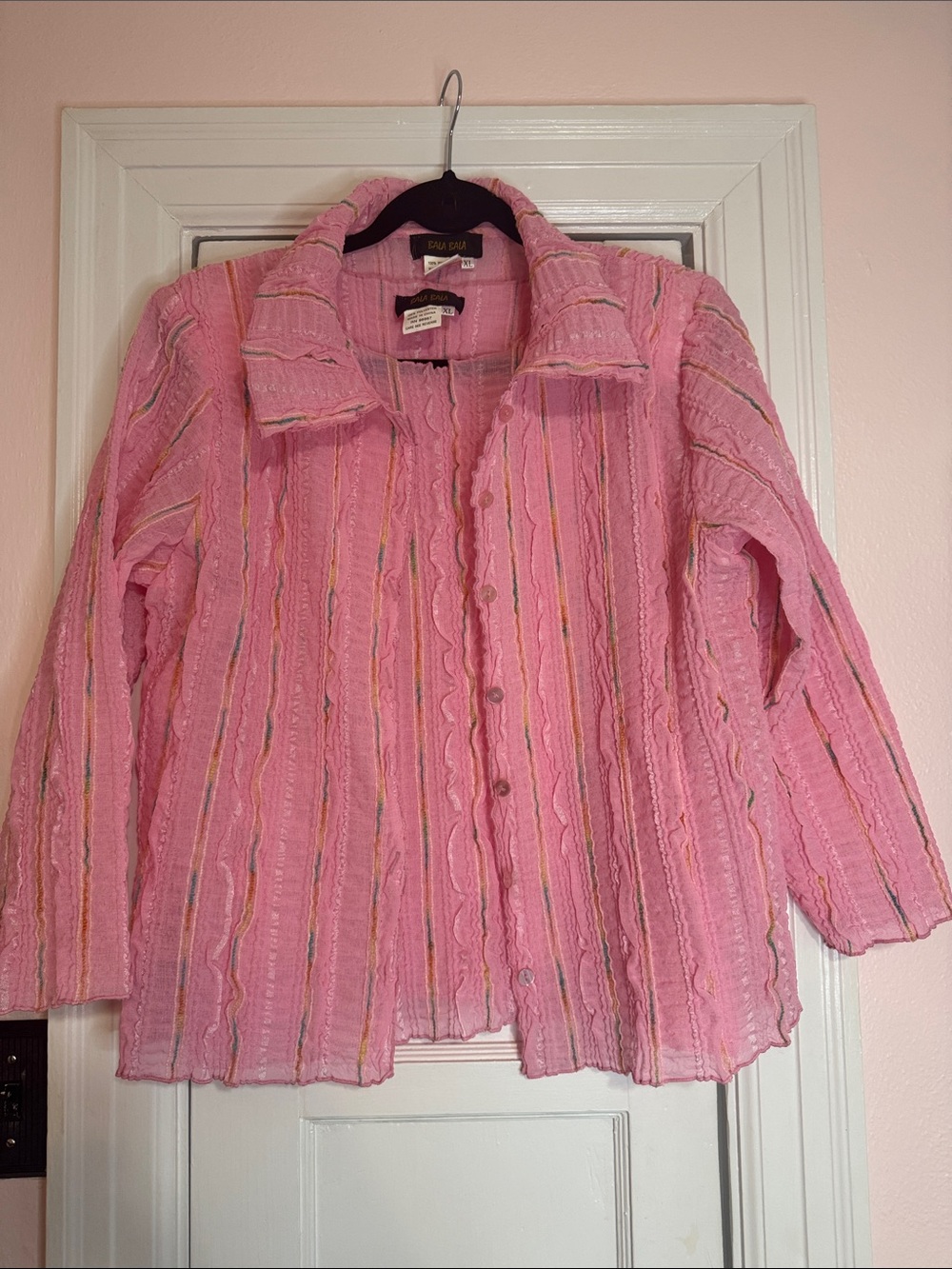 Pink Textured Button-Down Shirt with Subtle Stripes